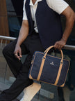 Slim Laptop Bag In Deep Blue Cork - KAAMNA