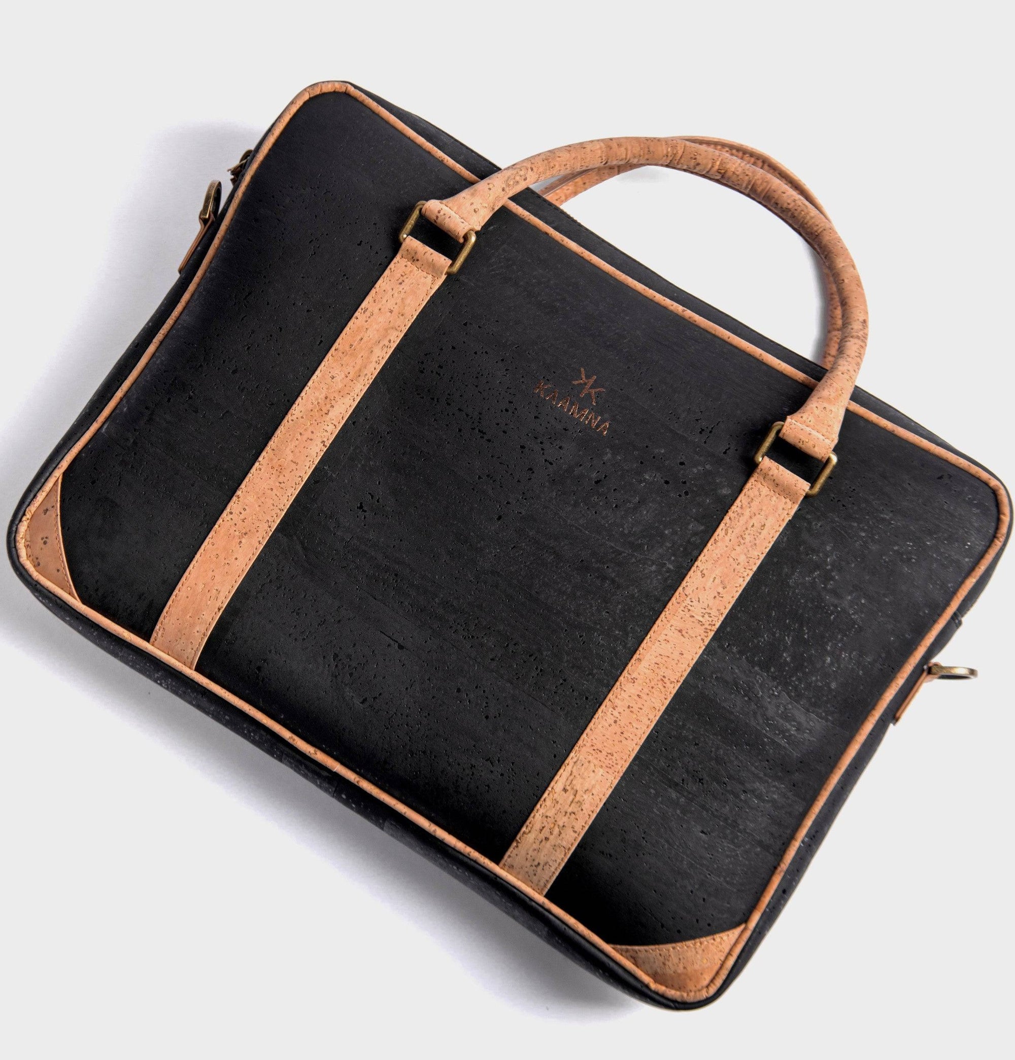Slim Laptop Bag In Black Cork - KAAMNA