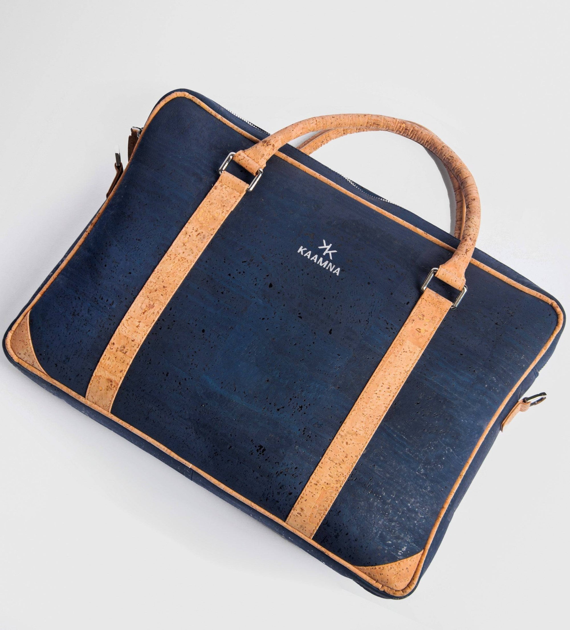 Slim Laptop Bag In Deep Blue Cork - KAAMNA