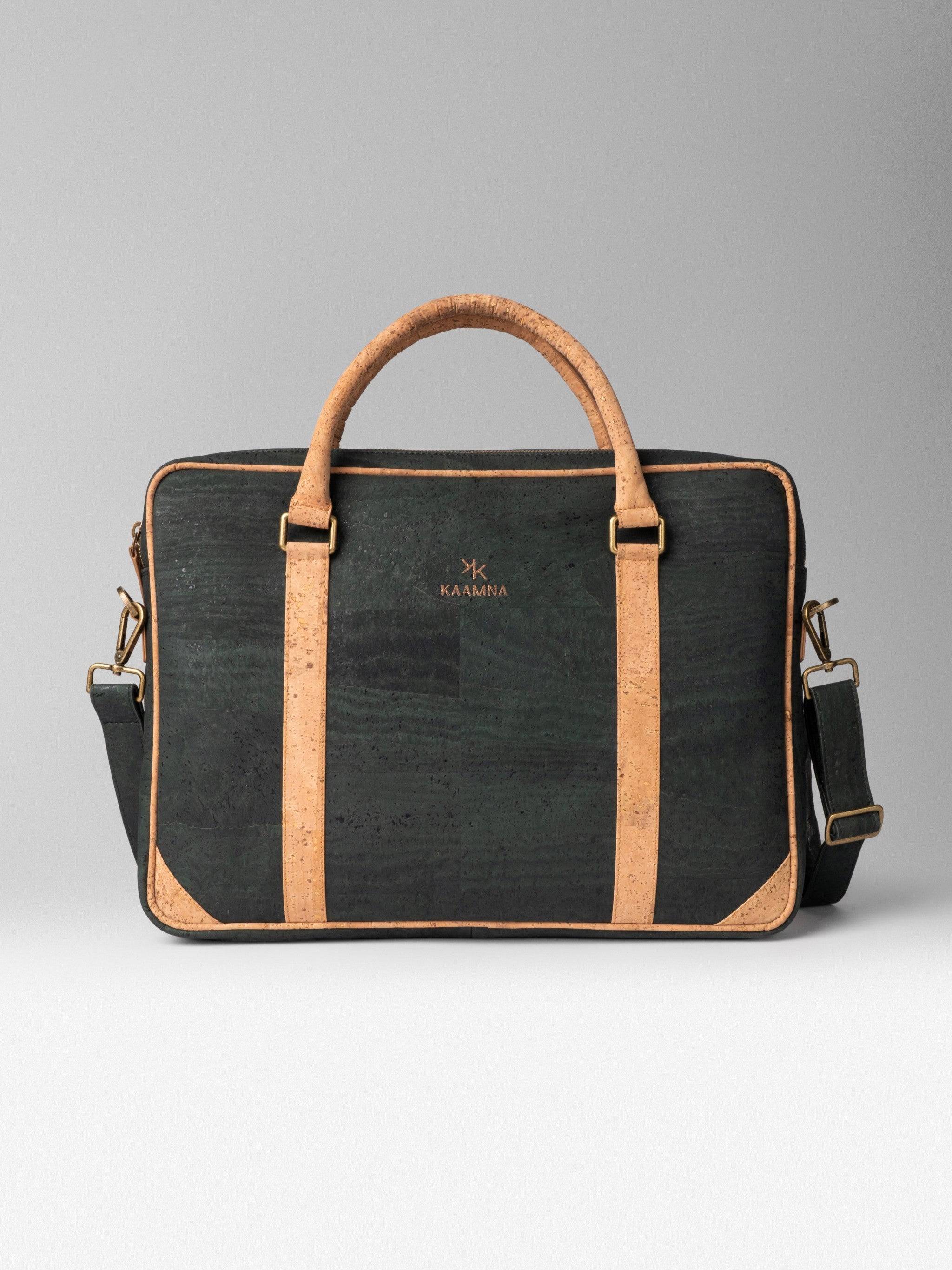 Slim Laptop Bag In Forest Green Cork