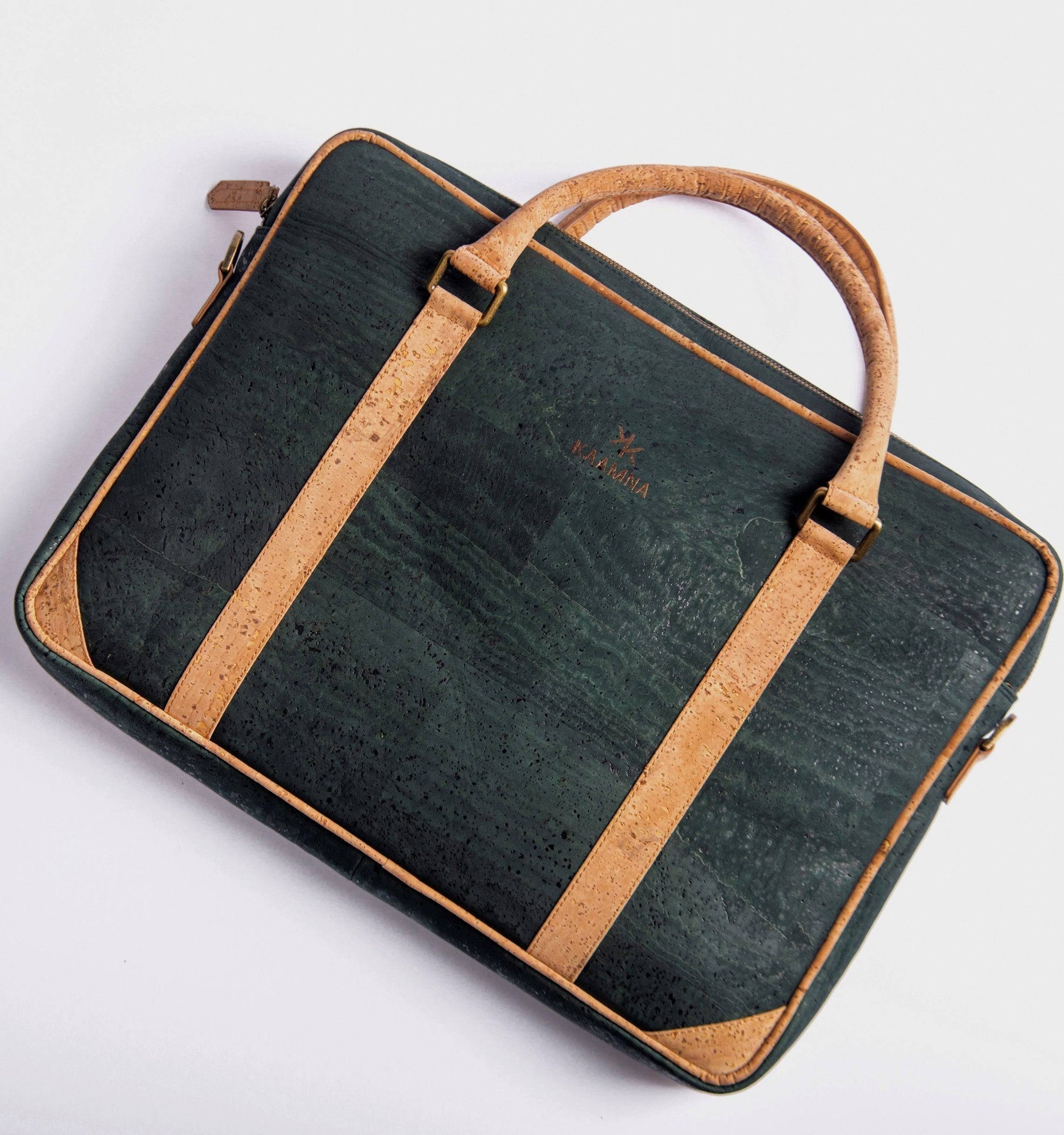 Slim Laptop Bag In Forest Green Cork - KAAMNA